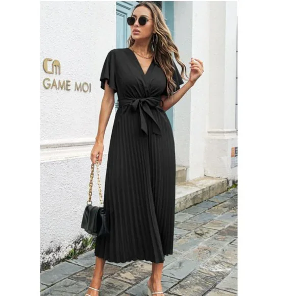 Flutter Sleeve Belted Surplice Midi Dress - Picture 8 of 9